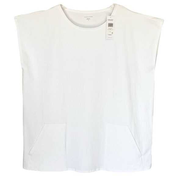 Eileen Fisher White Pima Cotton Stretch Jersey Jewel Neck Top NWT Plus Size 2X - Picture 1 of 6